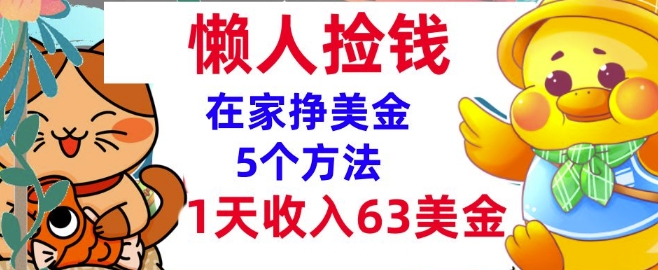 在家挣美金的5个方法，1天收入63美刀，内部教程，超简单，无脑操作-生财赚 -赚钱新动力