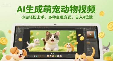 AI生成萌宠动物视频，小白轻松上手，多种变现方式，日入4位数-生财赚 -赚钱新动力