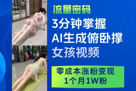 3分钟掌握AI生成俯卧撑女孩视频，零成本涨粉变现，1个月1W粉-生财赚 -赚钱新动力