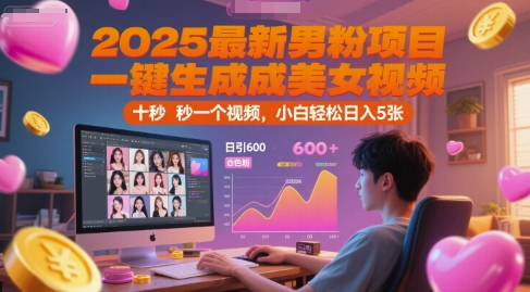 2025最新男粉项目，一键生成美女视频，日引600+色粉 十秒一个视频，小白轻松日入5张【揭秘】-生财赚 -赚钱新动力