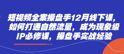 短视频全案操盘手12月线下课，如何打通自然流量，成为现象级IP必修课，操盘手实战经验-生财赚 -赚钱新动力