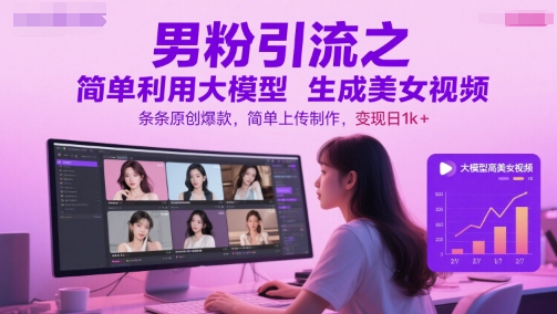 男粉引流之简单利用大模型生成美女视频，条条原创爆款，简单上传制作，变现日1k+-生财赚 -赚钱新动力