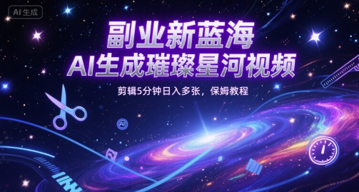 副业新蓝海，AI生成璀璨星河视频，剪辑5分钟日入多张，保姆教程-生财赚 -赚钱新动力