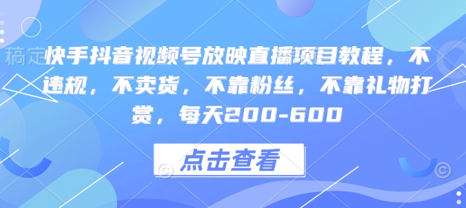 快手抖音视频号放映直播项目教程，不违规，不卖货，不靠粉丝，不靠礼物打赏，每天200-600-生财赚 -赚钱新动力