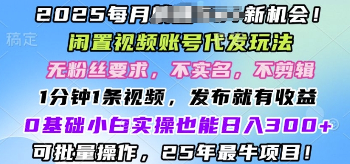 2025闲置视频账号一键代发玩法，0粉不实名不剪辑，领了视频直接发，0基础小白也能日入3张-生财赚 -赚钱新动力