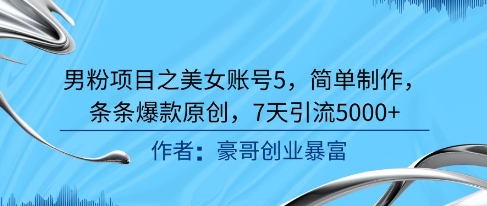 男粉项目之美女账号5，简单制作，条条爆款原创，7天引流5000+-生财赚 -赚钱新动力
