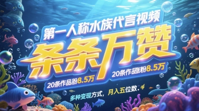 第一人称水族代言视频，条条万赞，20条作品涨粉7.8W，多种变现方式月入五位数-生财赚 -赚钱新动力