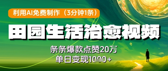 利用AI免费制作田园生活治愈视频，条条爆款点赞20W，单日变现几张-生财赚 -赚钱新动力