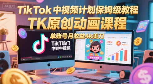TikTok中视频计划保姆级教程，TK原创动画课程，单账号月收益4k美刀-生财赚 -赚钱新动力