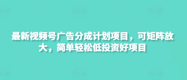 最新视频号广告分成计划项目，可矩阵放大，简单轻松低投资好项目-生财赚 -赚钱新动力