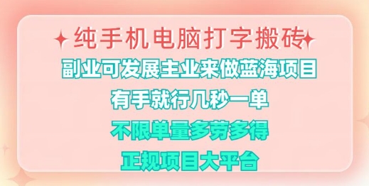 纯手机电脑打字搬砖，有手就行，几秒一单，多劳多得，正规项目大平台【揭秘】-生财赚 -赚钱新动力