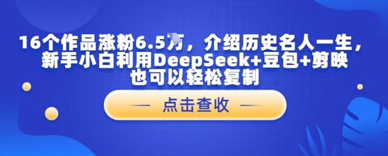 16个作品涨粉6.5W，介绍历史名人一生，新手小白利用DeepSeek+豆包+剪映也可以轻松复制-生财赚 -赚钱新动力
