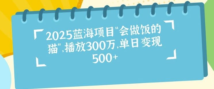 2025蓝海项目“会做饭的猫”，播放300万，单日变现多张-生财赚 -赚钱新动力