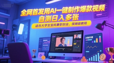 全网首发用AI一键制作爆款视频，自测日入多张，适合大学生宝妈兼职创业，保姆级教程-生财赚 -赚钱新动力