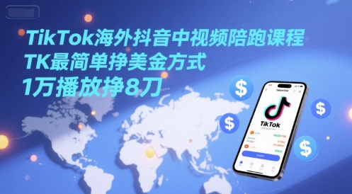 TikTok海外抖音中视频陪跑课程，TK最简单挣美金方式，1万播放挣8刀-生财赚 -赚钱新动力